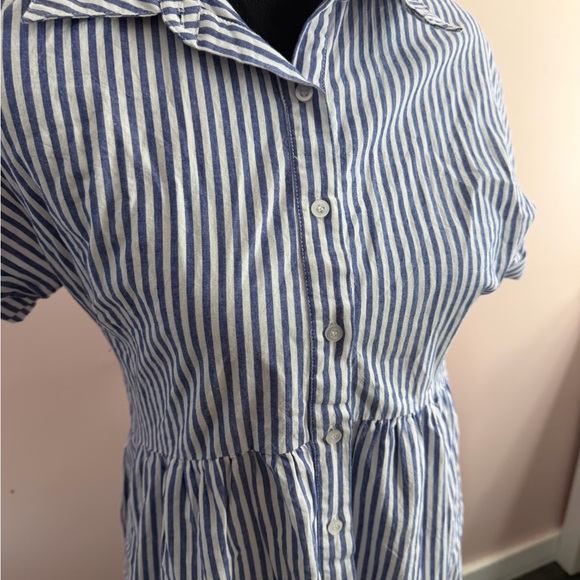 Blue & White Striped Button Front Shirt Dress Collared Midi Casual - Picture 2 of 6